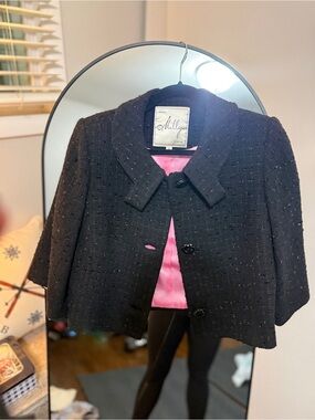 Milly of NY Vintage Black Virgin Wool Tweed Cropped Jacket Pink Lining Sz 8